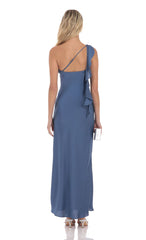 Satin One Shoulder Tassel Maxi Dress in Denim Blue