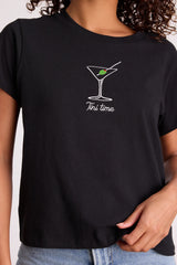 Tini Time Black Cotton Embroidered Tee