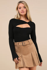Perfectly Impressive Black Twist-Front Long Sleeve Bodysuit