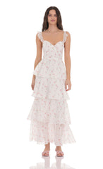 Floral Ruffle Maxi Dress in White
