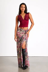 Daria Beige Multi Floral Ruched Maxi Skirt