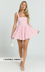 Caitlin Mini Dress - Gingham Square Neck Fit And Flare Dress in Pink
