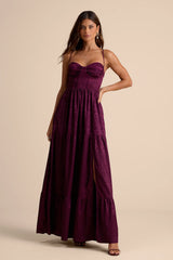 Vasilia Plum Purple Satin Jacquard Tiered Corset Maxi Dress