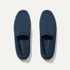 A pair of The Driving Loafer in Navy shown from the top.