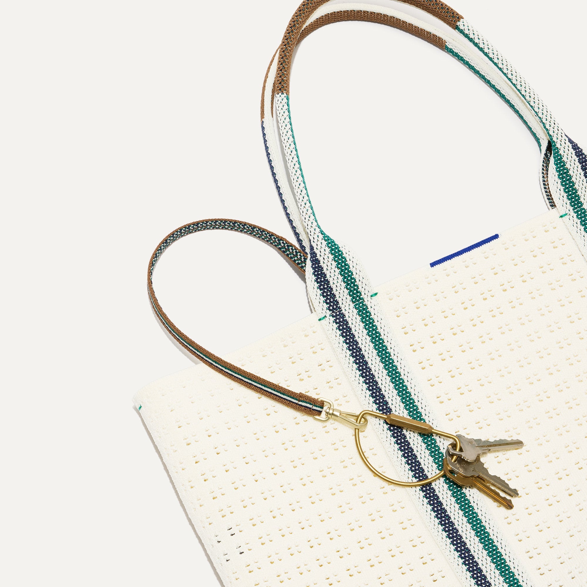 Close up of the handles and key leash detail of The Lightweight Tote in Birdie.