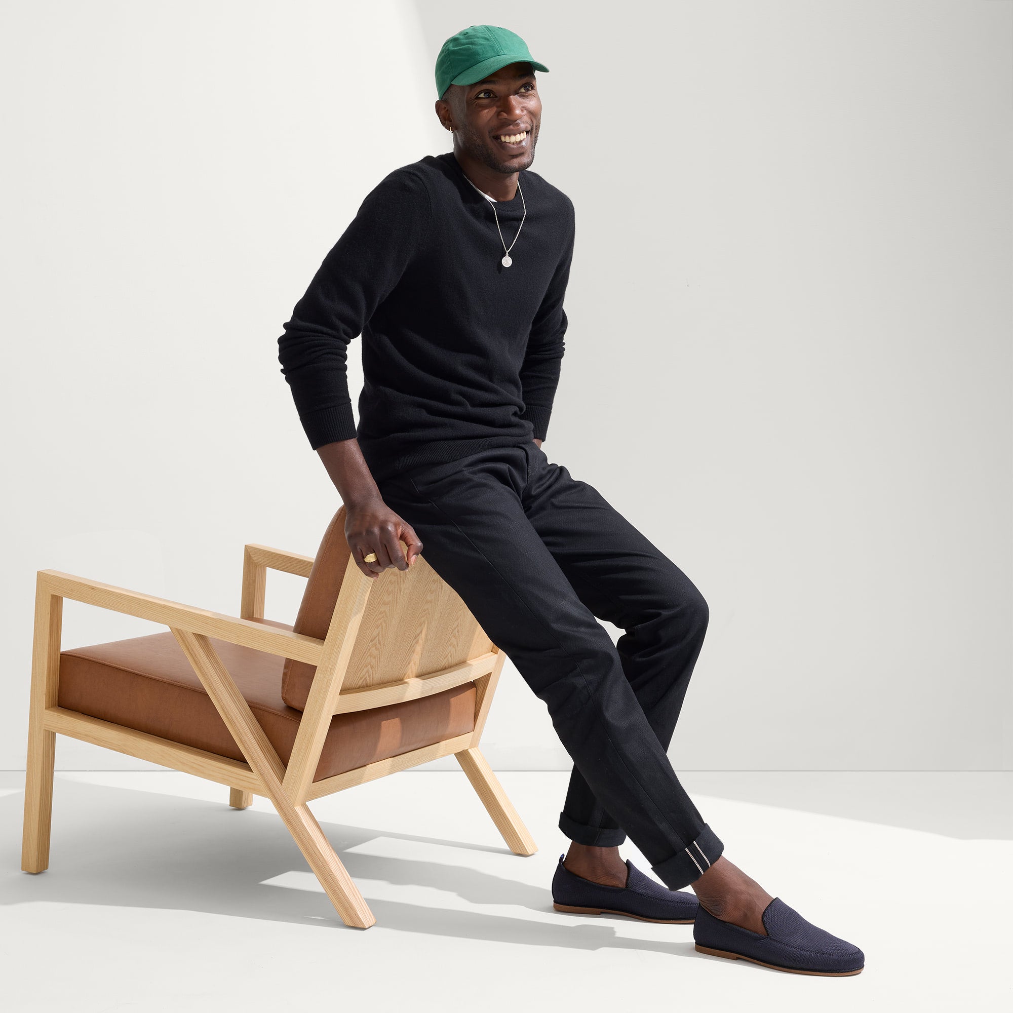 Alternate view of a model wearing The Ravello Loafer in Navy.