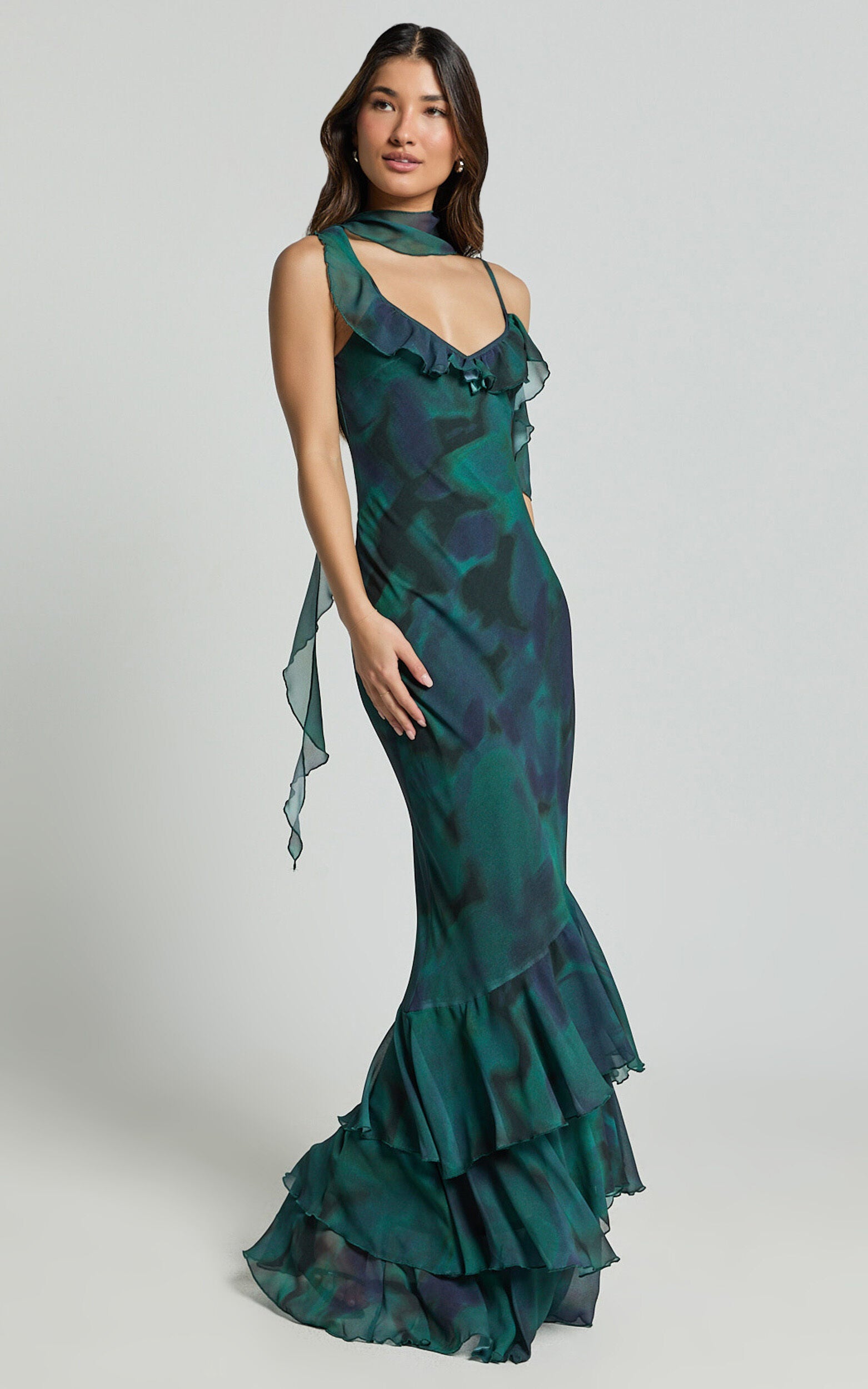 Riley Maxi Dress - Asymmetric Ruffle Detail Maxi Dress in Moss Adeana