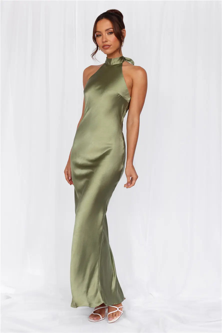The Cleo Halter Satin Maxi Dress Olive