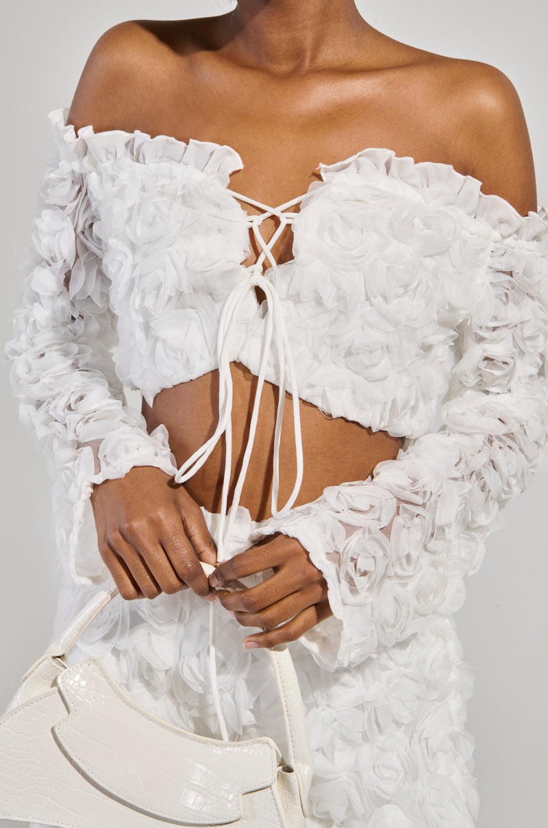 SWEET ESCAPE OFF THE SHOULDER LACE UP BLOUSE IN WHITE
