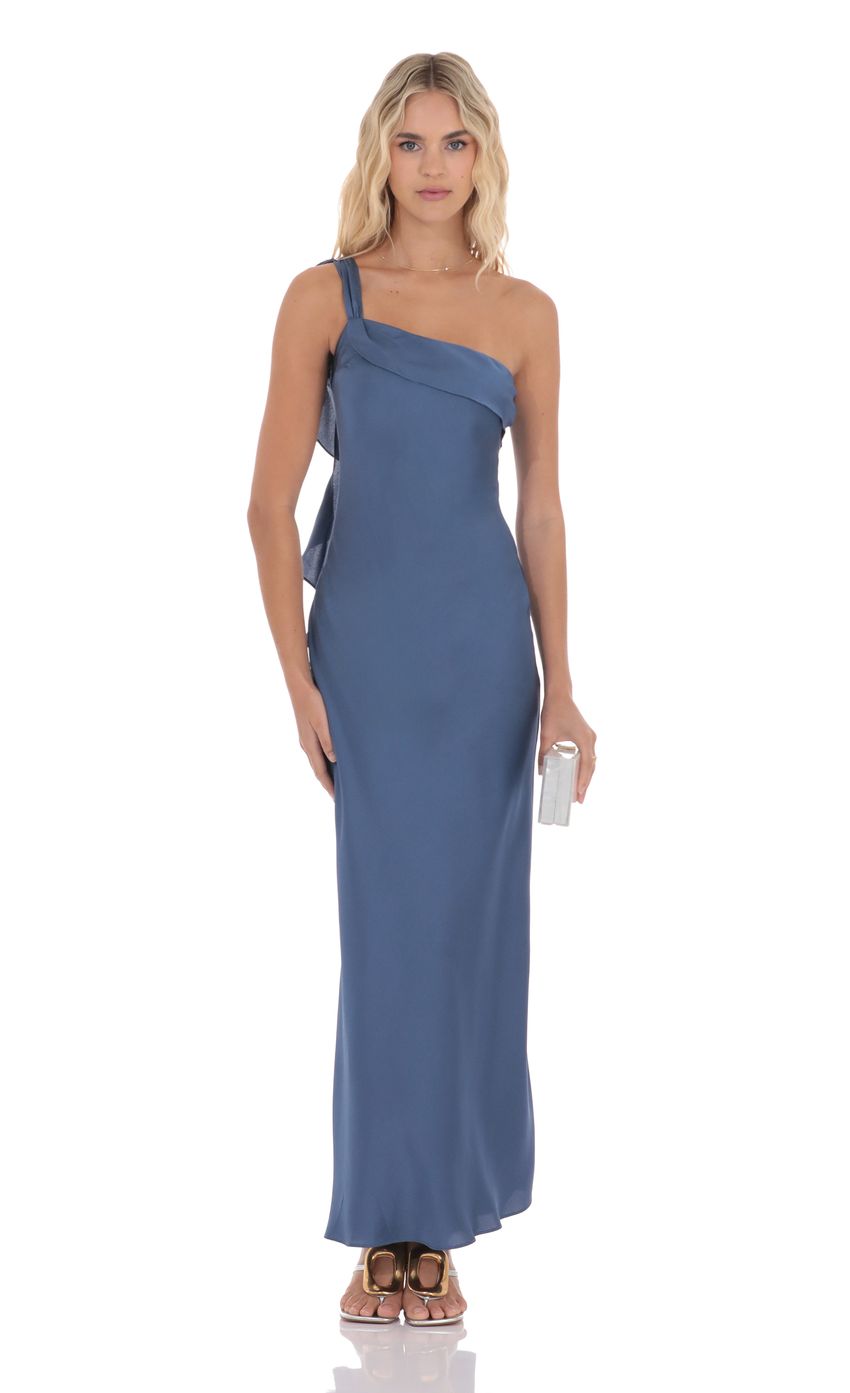 Satin One Shoulder Tassel Maxi Dress in Denim Blue
