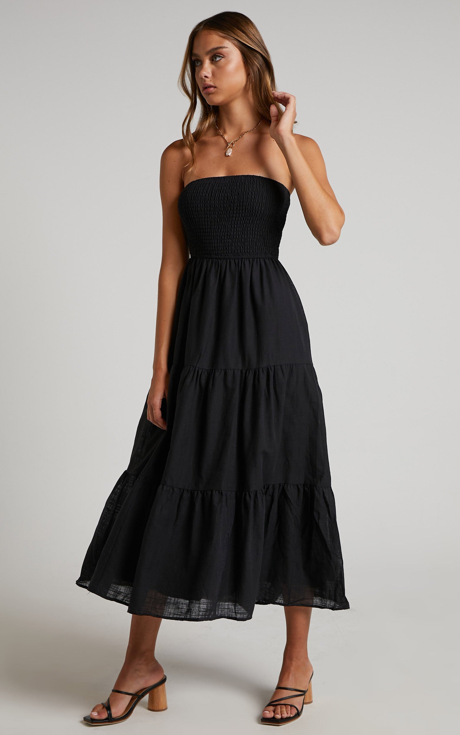 Zoe Midi Dress - Strapless Shirred Bodice Tiered Dress in Black