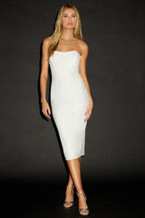 Gorgeously Sultry White Bustier Strapless Midi Dress