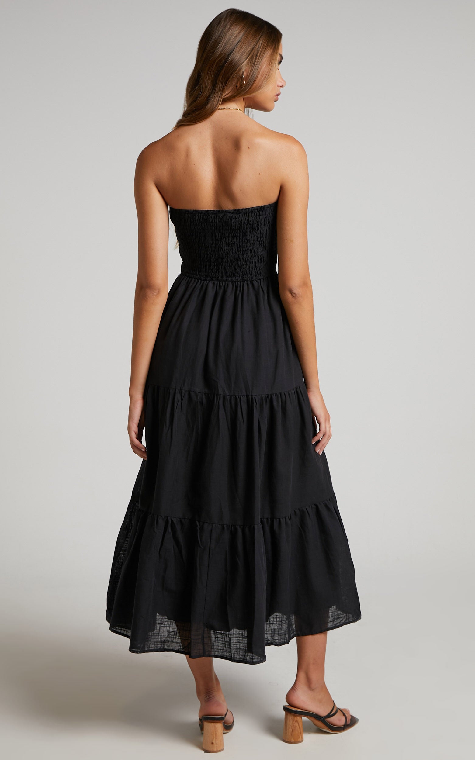 Zoe Midi Dress - Strapless Shirred Bodice Tiered Dress in Black