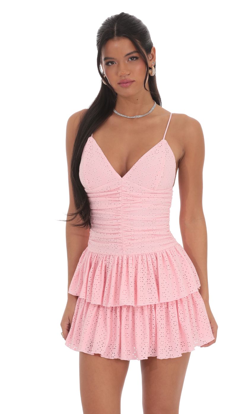 Ruched Ruffle Eyelet Dress in Pink