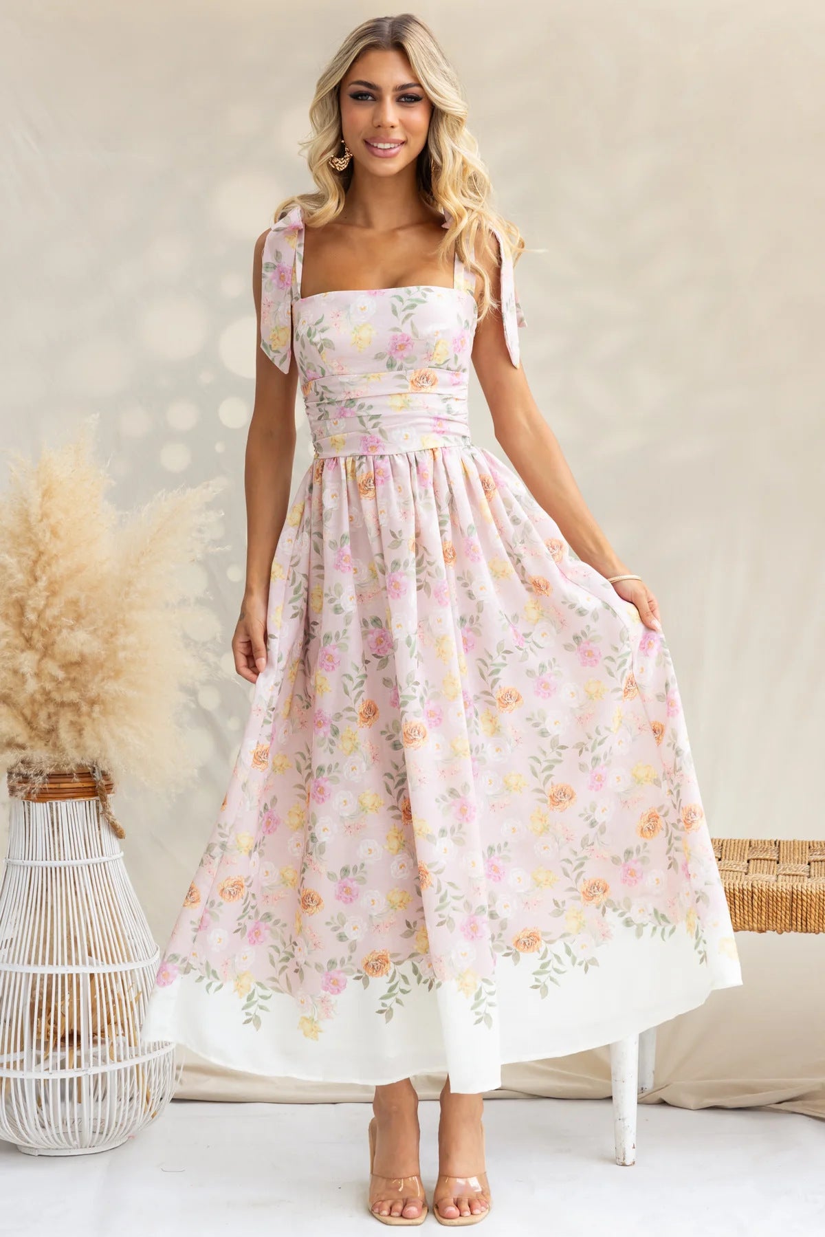 Printed Tie Shoulder Midi Cami Dress