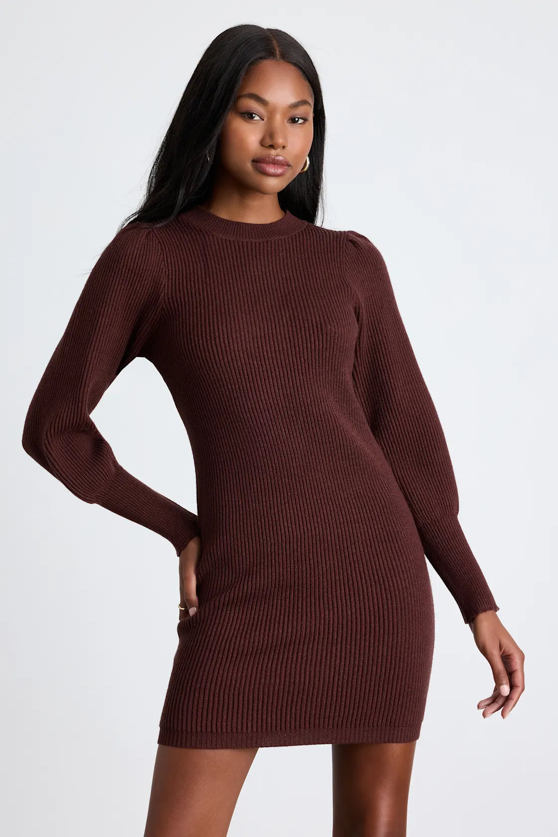 Loving You Fondly Brown Ribbed Knit Sweater Dress
