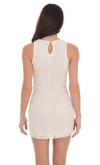High Neck Sequin Floral Dress in Ivory