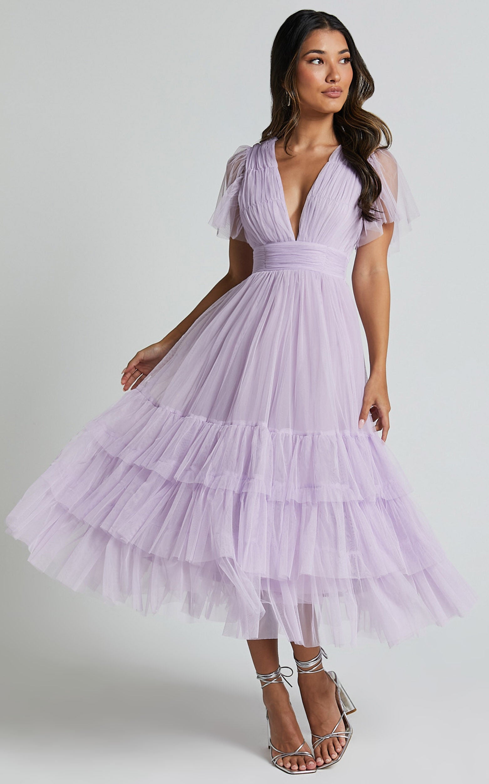 Jiraye Midi Dress - Flutter Sleeve Tuelle Plunge Dress in Lilac