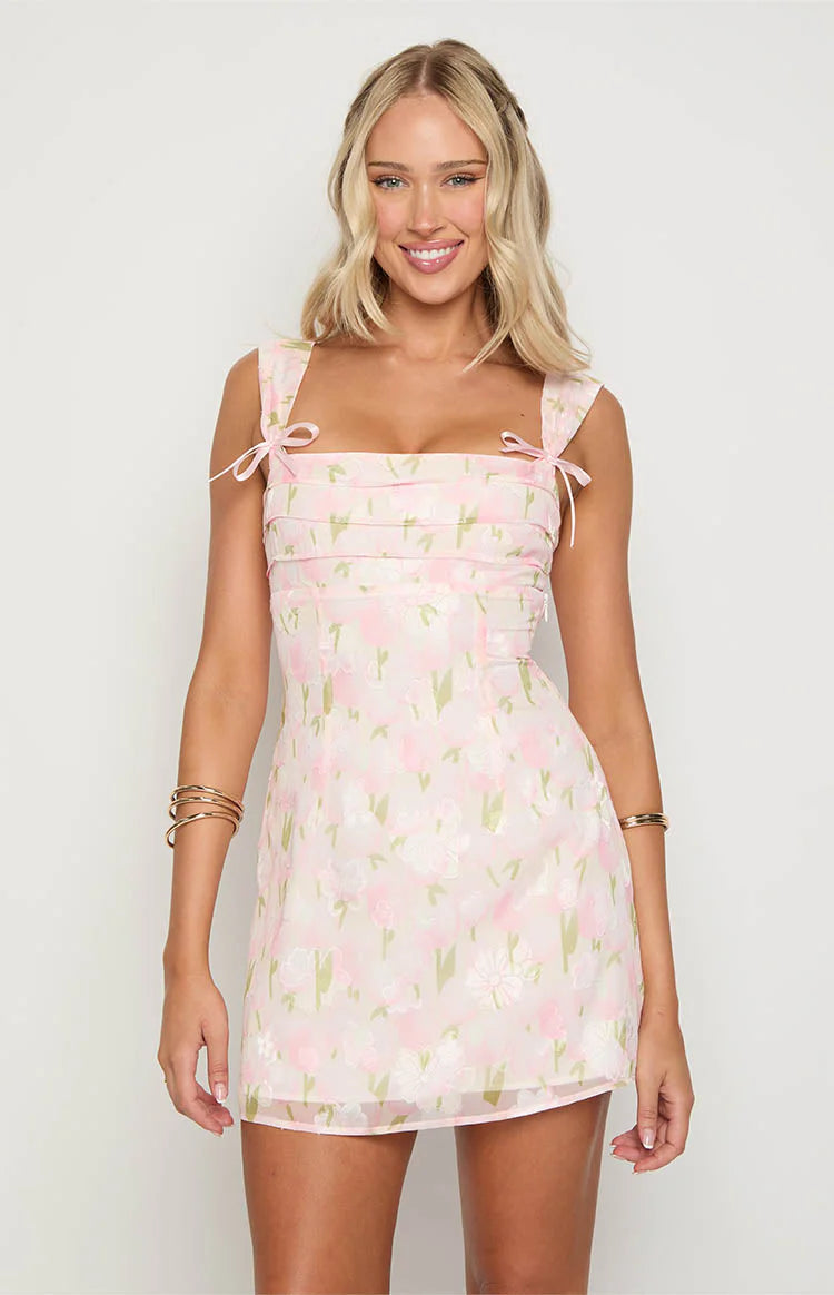 Layla Pink Floral Tie Back Mini Dress