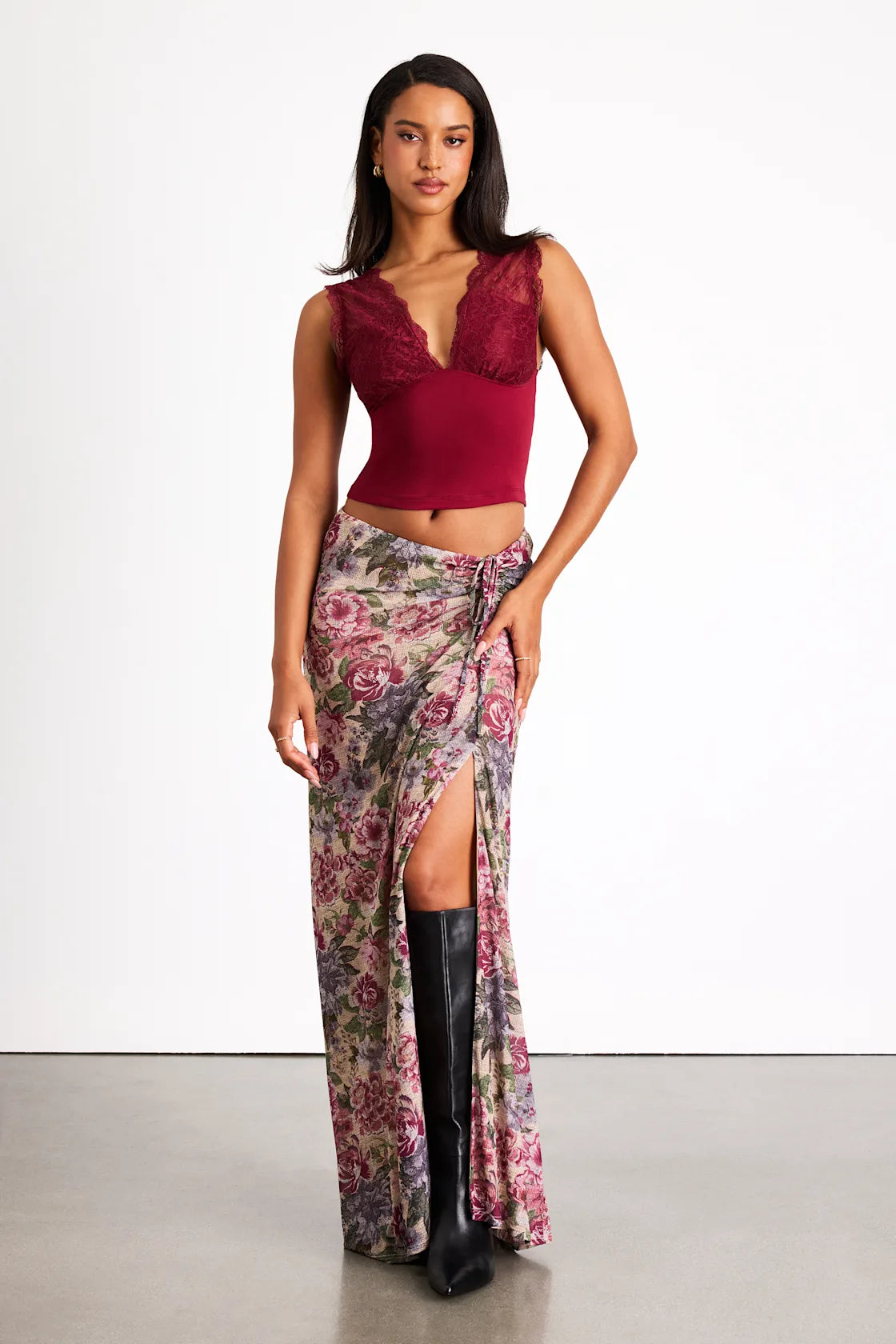 Daria Beige Multi Floral Ruched Maxi Skirt