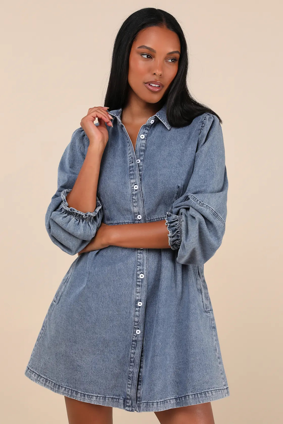 Uniquely Darling Medium Wash Denim Mini Dress With Pockets