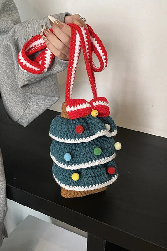 Cute Hand Knitted Yarn Christmas Tree Bauble Crossbody Bag