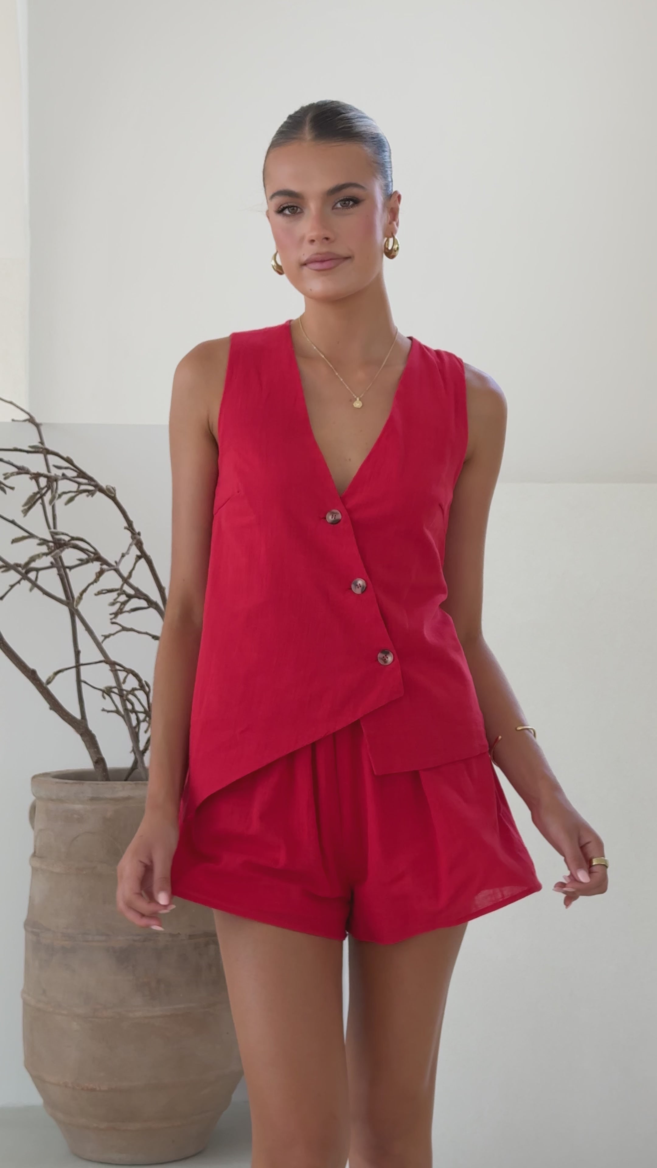 Gallia Asymmetrical Top and Shorts Set - Red