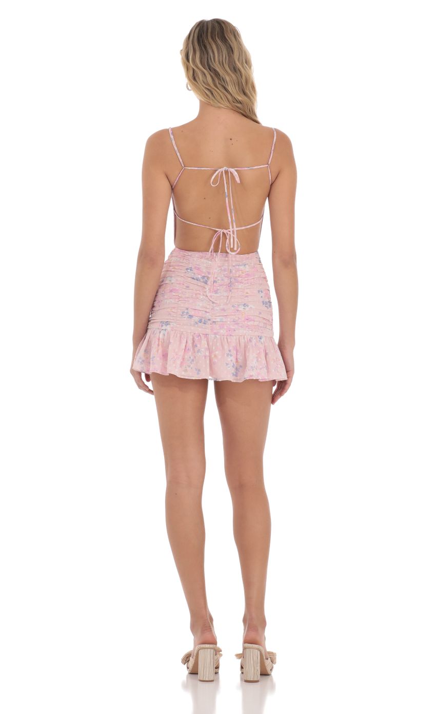 Floral Open Back Ruched Ruffle Dress in Pink