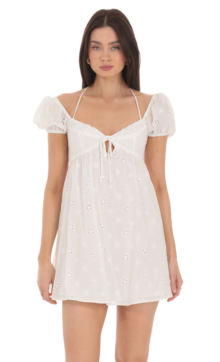 Eyelet Puff Sleeve Babydoll Dress in White