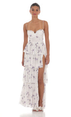 Floral Mesh Ruffle Maxi Dress in White