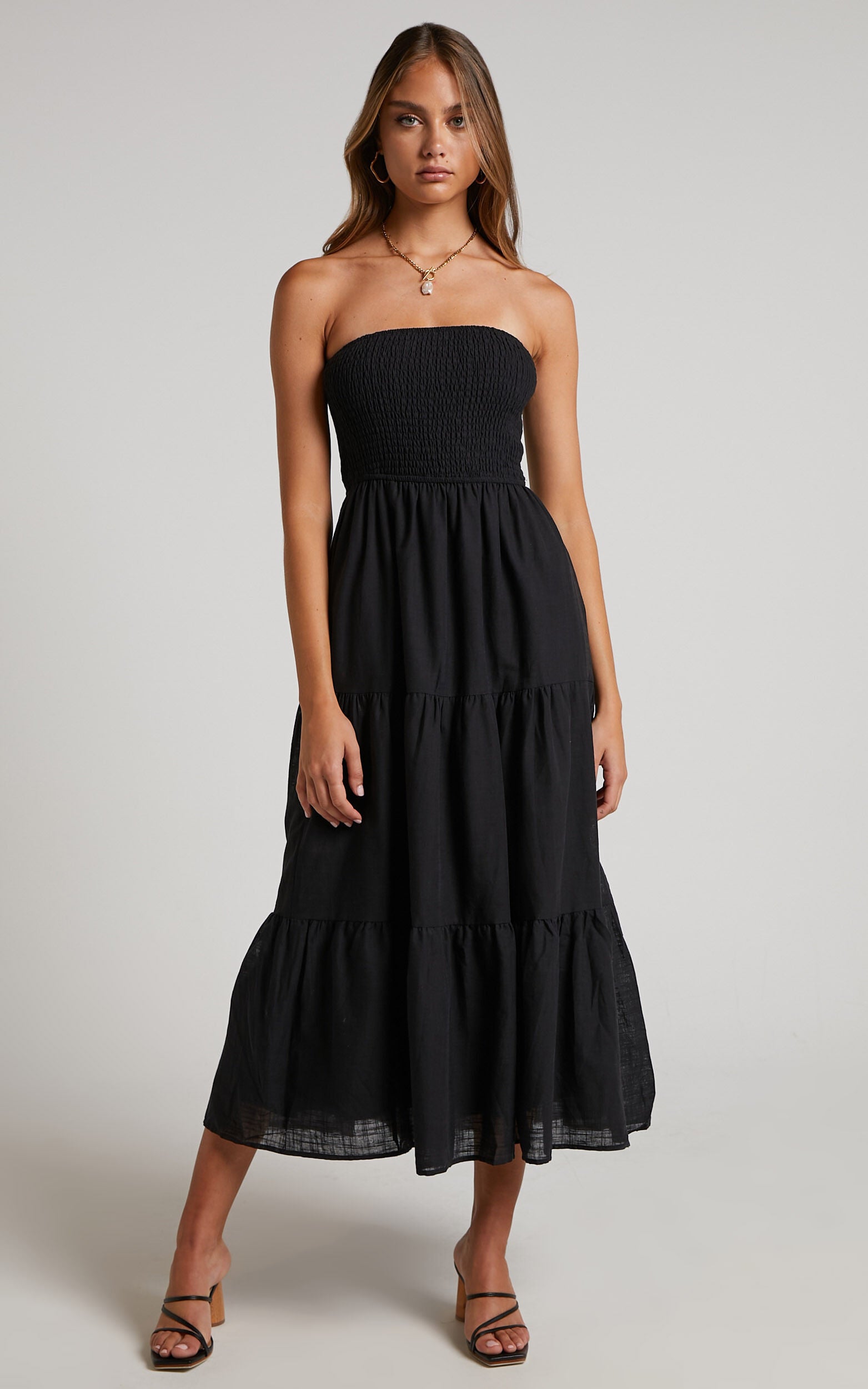 Zoe Midi Dress - Strapless Shirred Bodice Tiered Dress in Black