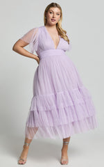 Jiraye Midi Dress - Flutter Sleeve Tuelle Plunge Dress in Lilac