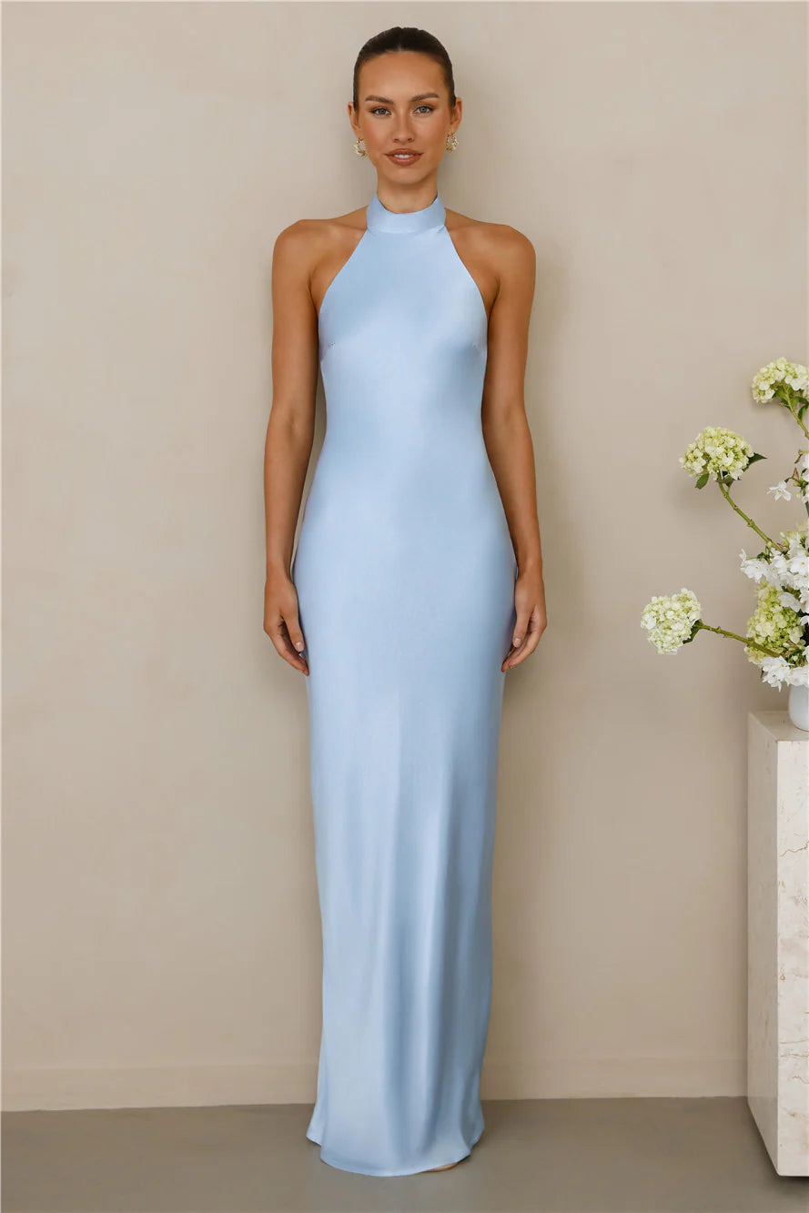 The Cleo Halter Satin Maxi Dress Blue