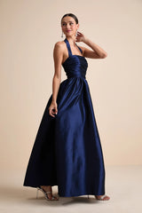 Rani Navy Taffeta Halter Maxi Dress