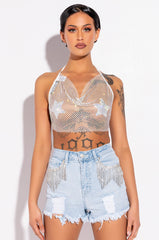EVIE RHINESTONE MESH HALTER TOP