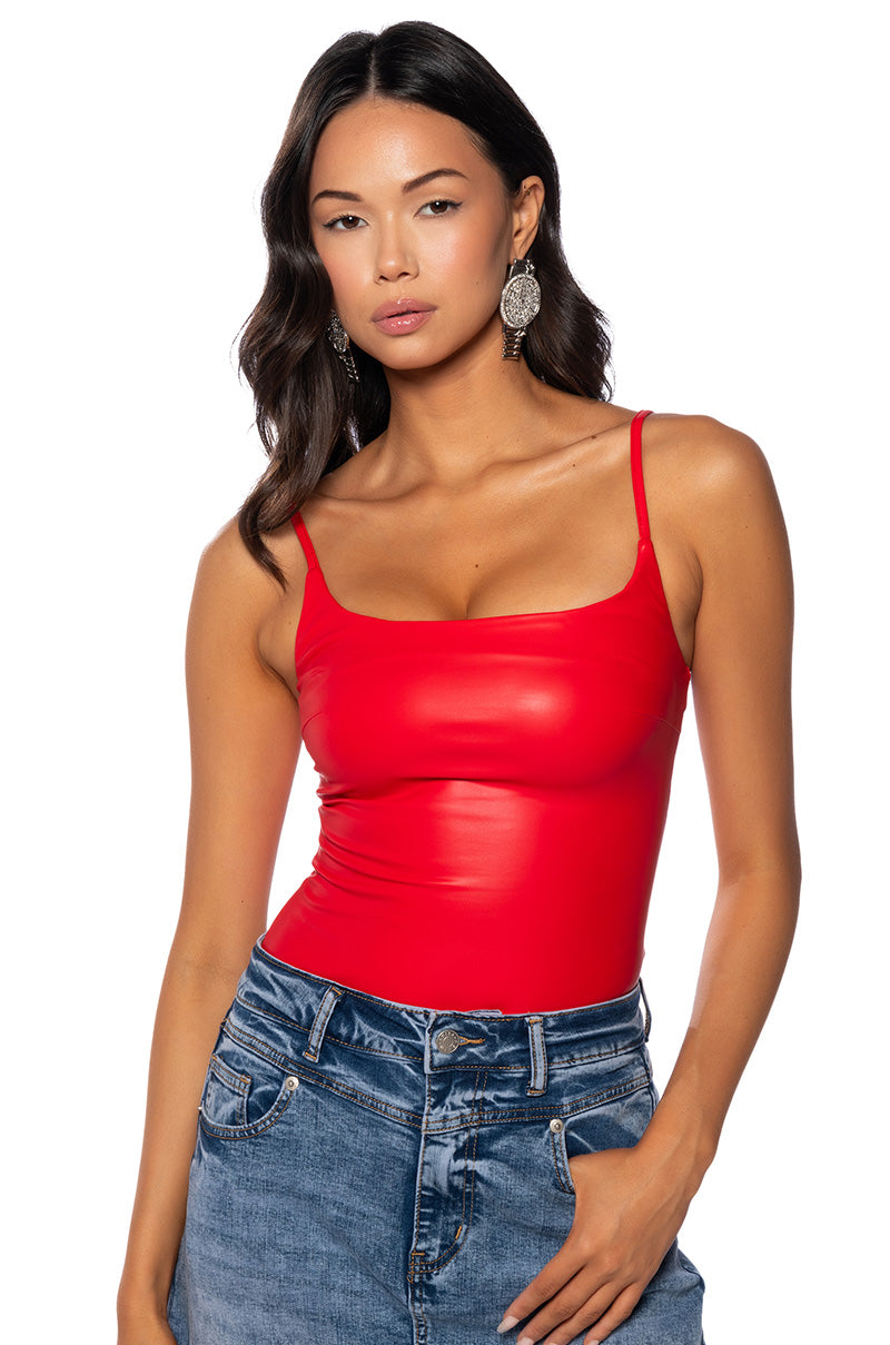 ULTRA STRETCH FAUX LEATHER SQUARE NECK BODYSUIT